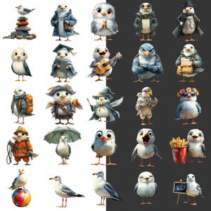 K&ouml;nnte beinhalten: Eine Sammlung skurriler Illustrationen mit anthropomorphen M&ouml;wen in verschiedenen Outfits und Posen. Einige M&ouml;wen sind als Gelehrte, Piraten und Feuerwehrleute gekleidet. Andere halten Gegenst&auml;nde wie eine Gitarre, einen Regenschirm und ein Schild mit der Aufschrift "Hallo!"
