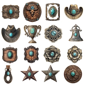 Puede incluir: Una colecci&oacute;n de objetos decorativos de metal con piedras de color turquesa. Los art&iacute;culos incluyen una hebilla de cintur&oacute;n, una placa decorativa con una calavera de vaca, un &oacute;valo enmarcado, un sombrero de vaquero, un trofeo, una campana, una estrella y una flor.