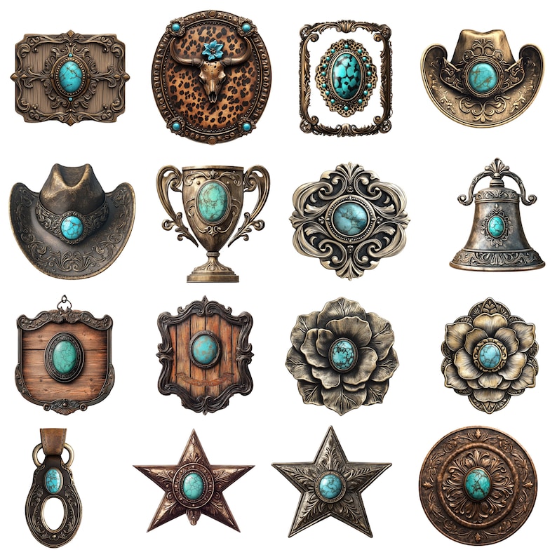 Puede incluir: Una colecci&oacute;n de objetos decorativos de metal con piedras de color turquesa. Los art&iacute;culos incluyen una hebilla de cintur&oacute;n, una placa decorativa con una calavera de vaca, un &oacute;valo enmarcado, un sombrero de vaquero, un trofeo, una campana, una estrella y una flor.