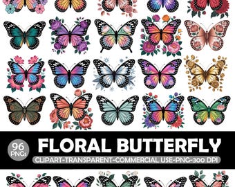 Floral Butterfly Clipart Bundle • 96 PNG Illustrations (Digital Download)