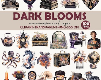 Dark Gothic Floral Clipart Bundle: Vintage Blooms, PNG Illustrations (Digital Download)