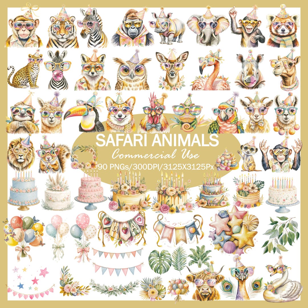 Safari Animals Clipart Bundle PNG, Cute Jungle Animal Birthday Graphics ...