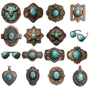 Puede incluir: Una colecci&oacute;n de hebillas de cintur&oacute;n, colgantes y gafas de sol de metal ornamentadas, de estilo vintage, cada una con una piedra grande de color turquesa. El trabajo del metal est&aacute; detallado con varios patrones y formas, incluyendo estrellas, &oacute;valos y dise&ntilde;os florales.