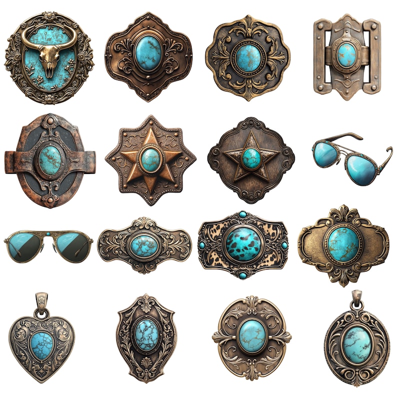 Puede incluir: Una colecci&oacute;n de hebillas de cintur&oacute;n, colgantes y gafas de sol de metal ornamentadas, de estilo vintage, cada una con una piedra grande de color turquesa. El trabajo del metal est&aacute; detallado con varios patrones y formas, incluyendo estrellas, &oacute;valos y dise&ntilde;os florales.