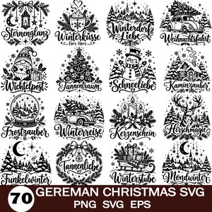 May include: A collection of sixteen black and white circular Christmas-themed illustrations featuring German text such as Sternenglanz, Winterküsse, Winterdorf Liebe, Weihnachtsfahrt, Wichtelpost, Tannentraum, Schneeliebe, Kaminzauber, Frostzauber, Winterreise, Kerzenschein, Hirschmagie, Funkelwinter, Tannenliebe, Winterstube, and Mondwinter.