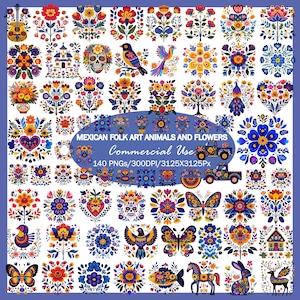 Mexikanische Volkskunst Clipart Bundle, Tiere und Blumen PNG, Bunt Otomi Style Floral, Folk Vögel Schmetterling Schädel, Fiesta Clipart Set,