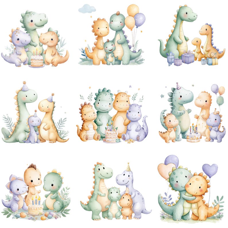 May include: Watercolor illustrations of adorable dinosaurs in various poses. Each image features a group of friendly dinosaurs, some with party hats, balloons, and birthday cakes. The color palette includes soft greens, yellows, blues, and purples, creating a whimsical and cheerful vibe.
