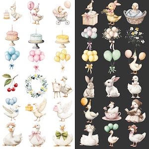 May include: Watercolor illustrations of ducks, cakes, balloons, and bunnies. The ducks are depicted with party hats, bows, and holding gifts. Cakes have lit candles. Balloons are in various colors. The overall theme is a celebration or party.