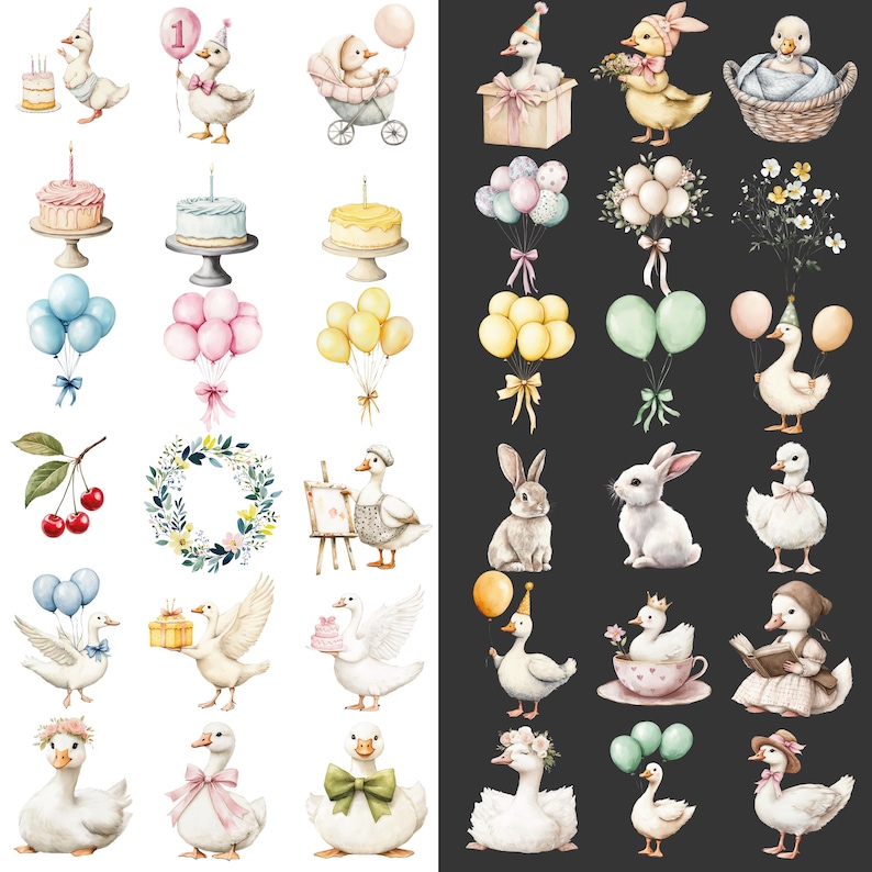 May include: Watercolor illustrations of ducks, cakes, balloons, and bunnies. The ducks are depicted with party hats, bows, and holding gifts. Cakes have lit candles. Balloons are in various colors. The overall theme is a celebration or party.