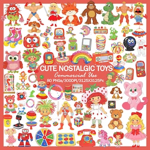 Puede incluir: Una colección de ilustraciones de juguetes nostálgicos y coloridos. La imagen presenta varios personajes de dibujos animados, animales y objetos, incluyendo un zorro, un dinosaurio, un oso de peluche y una muñeca de Fresa. El texto dice "CUTE NOSTALGIC TOYS".