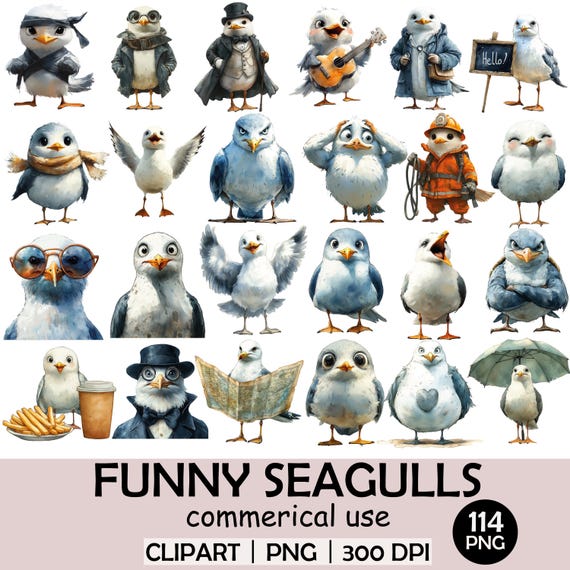 Funny Seagulls Clipart Mega Pack: 114 Whimsical Illustrations (300 DPI PNGs, Commercial Use)