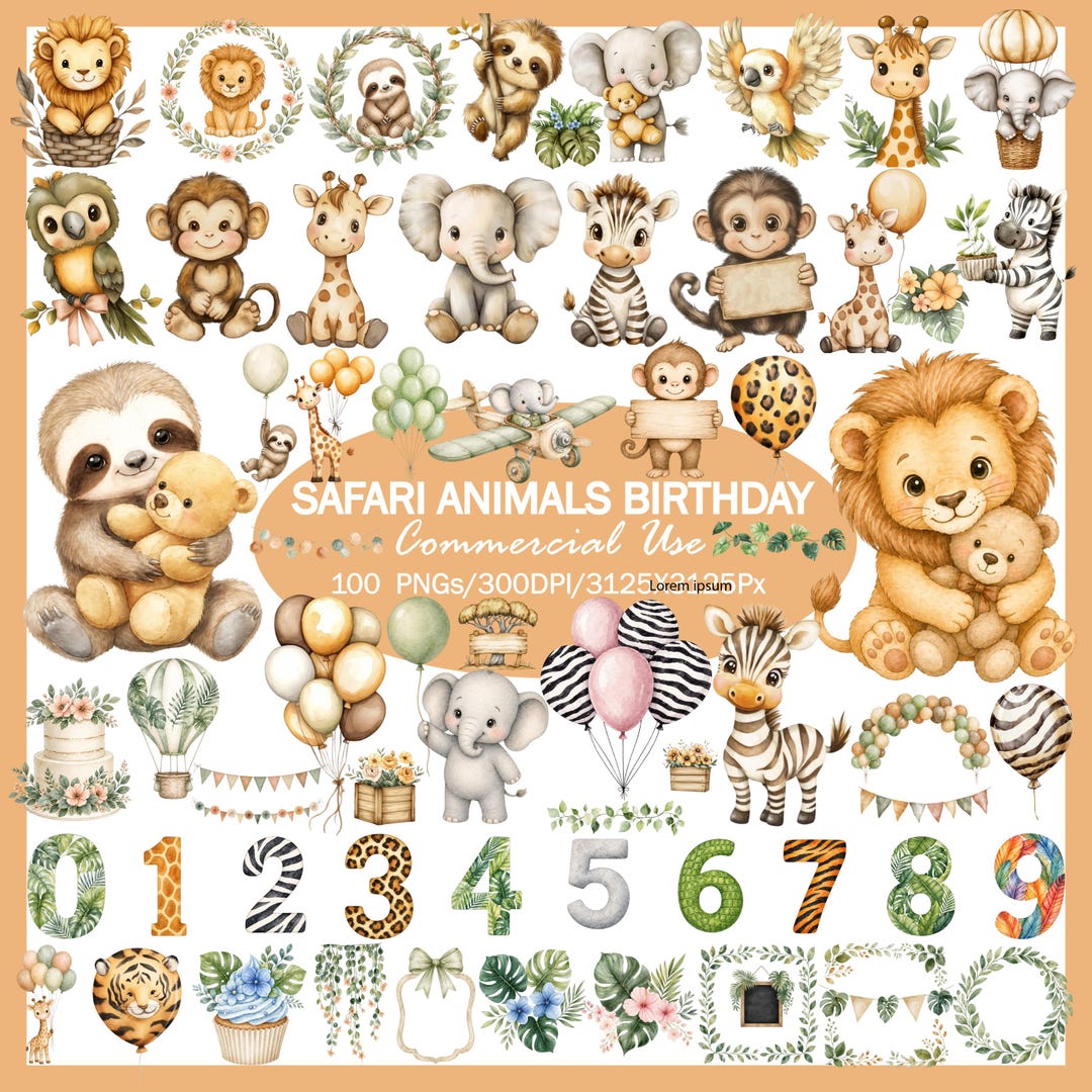 Safari Animals Clipart Bundle, Jungle Birthday PNG Set, Baby Safari ...
