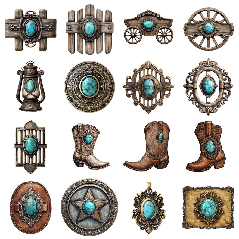 Paquete de imágenes prediseñadas del oeste turquesa, conjunto PNG de vaquera (300 DPI, 135 archivos) imagen 3