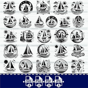 May include: A set of 20 black and white SVG cut files featuring sailboat designs. Each design includes a sailboat with various backgrounds, such as palm trees, stars, and waves.