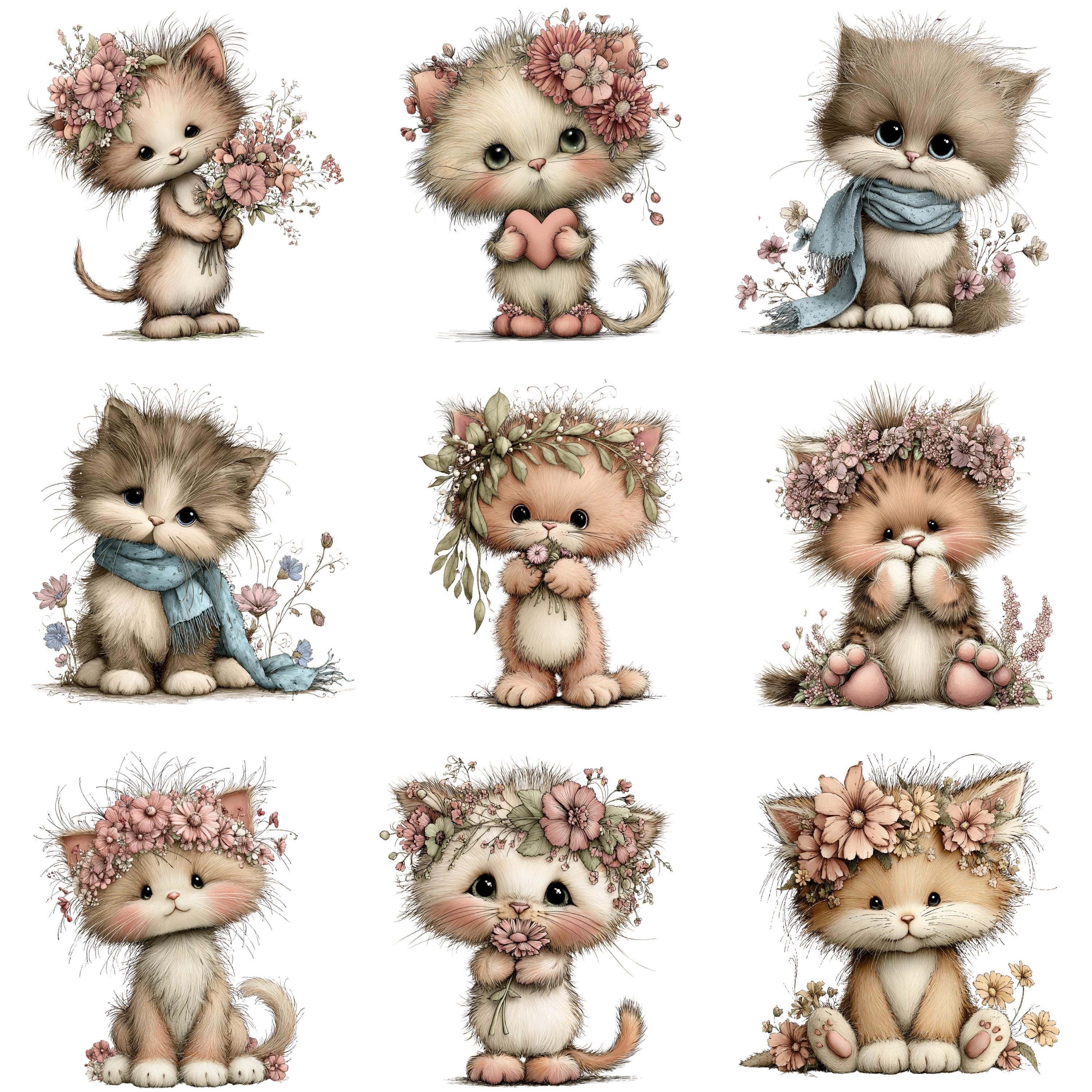 Floral Cat Watercolor Clipart Bundle, Spring Kitten PNG (commercial Use ...