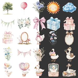 May include: Watercolor illustrations of various elements, including a tree, balloon, flowers, sun, cloud, bunting, bow, gift boxes, goose with scarf, and a goose with a camera. The images are in soft pastel colors.