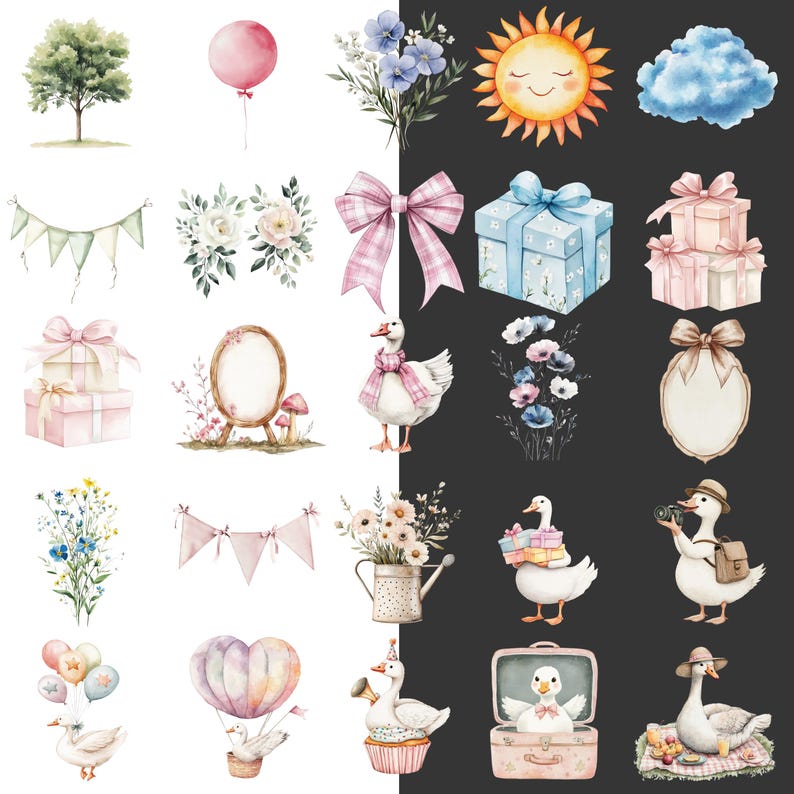 May include: Watercolor illustrations of various elements, including a tree, balloon, flowers, sun, cloud, bunting, bow, gift boxes, goose with scarf, and a goose with a camera. The images are in soft pastel colors.