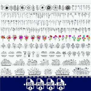 Flores silvestres svg, Pacote de flores silvestres svg, Moldura floral svg, Monograma dividido svg, Buquê svg, Floral svg, Natureza svg, Desenho de flor svg vetor