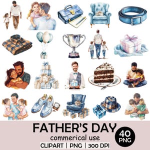 Paquete de imágenes prediseñadas del Día del Padre / 40 PNG de papá en acuarela / Regalos, pastel, abrazo, silla, arte de hija e hijo / Fondo transparente