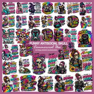 Puede incluir: Un conjunto de 40 imágenes PNG con diseños de calaveras antisociales y citas humorísticas. Las imágenes son coloridas e incluyen frases como "No soy sarcástico" y "Estoy cansado". El tema general es atrevido y sarcástico.