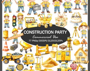 Construction Party Clipart Set, Kids Birthday PNG Graphics