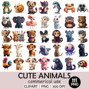 Süße Tiere Clipart Mega Pack - 111 Entzückende Tier Illustrationen | 3125×3125px, 300DPI, Transparentes PNG | Kommerzielle & Persönliche Nutzung