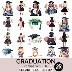 Paquete de imágenes prediseñadas de graduación: 60 PNG de chicas, birretes, osos y flores de graduación en acuarela, fondo transparente.