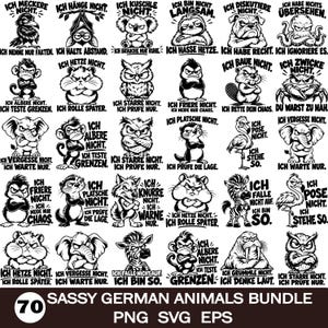 May include: A digital collection of 30 black and white illustrations featuring various animals with grumpy expressions and German text captions, including a raven, bat, koala, sloth, bulldog, octopus, monkey, hamster, owl, penguin, beaver, crab, elephant, otter, flamingo, wolf, zebra, and walrus.