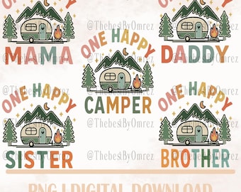 Feliz aniversário de campista PNG: tema de acampamento em família (download digital)