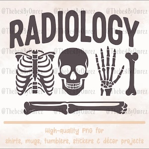 Könnte beinhalten: Dunkelgraues Grafikdesign mit dem Wort "RADIOLOGY" und Illustrationen von Skelettelementen, darunter ein Brustkorb, ein Schädel und Handknochen. Das Design enthält Text am unteren Rand.