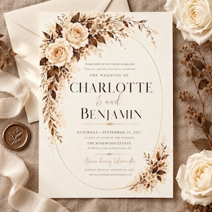 May include: A wedding invitation card featuring a cream background with a gold oval frame and brown floral illustrations. The text reads: Together with their families, you are warmly invited to celebrate the wedding of Charlotte and Benjamin.