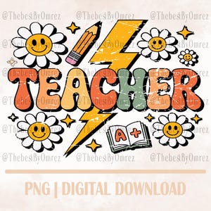 Retro Groovy Teacher PNG Design: Digital Download