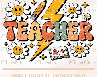 Retro Groovy Teacher PNG Design: Digital Download