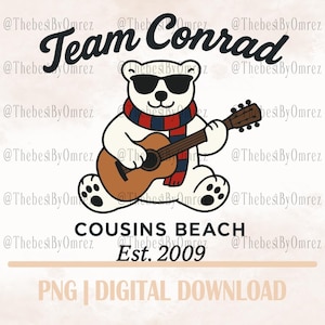 May include: A digital download graphic featuring a cartoon polar bear wearing sunglasses and a scarf, playing a brown acoustic guitar. The text reads "Team Conrad," "Cousins Beach," and "Est. 2009."