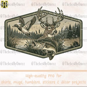 Imagen PNG de camuflaje retro con ciervos y patos pescando, diseño de parche para amantes de la naturaleza (descarga digital)