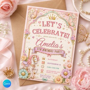 Op de afbeelding: Een roze en gouden verjaardagskaart met de tekst "LET'S CELEBRATE!" en "Amelia's 8th Birthday Party." De uitnodiging toont een carrouselpaard, vlinders en bloemmotieven. De RSVP-informatie is inbegrepen.