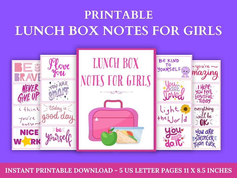 May include: Printable lunchbox notes for girls. The notes feature pink and white text with motivational messages like "Be Brave", "You are Smart", "You are Loved", and "You can do it".