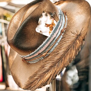 Feather Western Hat, Hand Burned Wide Brim Hat, Festival Hat