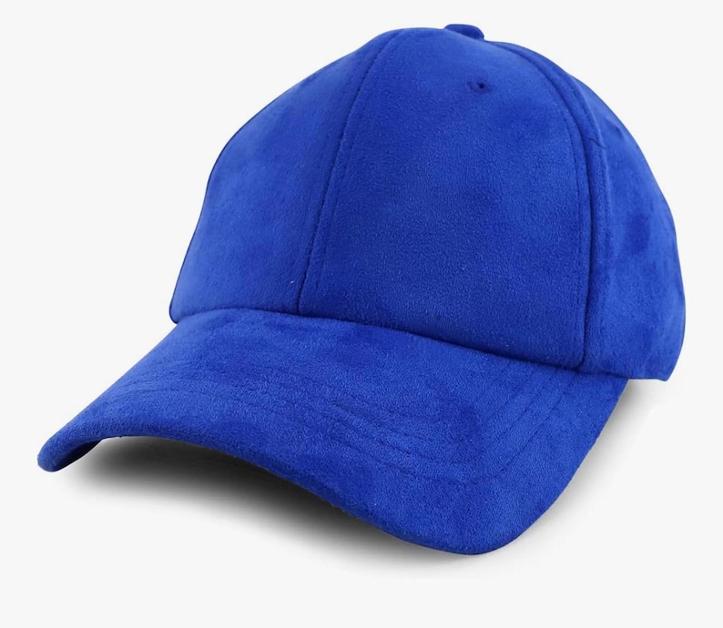 May include: A solid blue suede baseball cap.