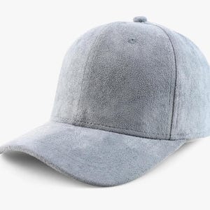 May include: A gray suede baseball cap with a curved brim.