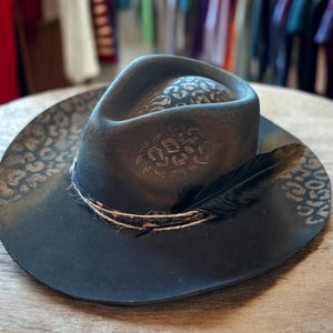 Hand Burned Leopard Hat, Wide Brim Black Hat, Black Cowboy  display picture 3