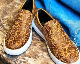 Hand Burned Slip On Sneakers, Women’s Sneakers, Hand Burned Shoes, Women’s Western Accessories, Western Sneakers, Slip On Shoes