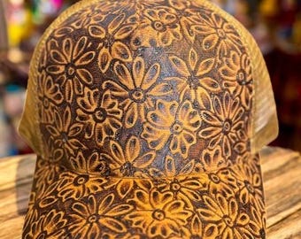 Hand Burned Suede Trucker Hat, Western Style Trucker Hat, Custom Trycker Hats, Faux Suede Hats, Western Hats