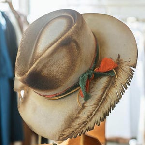 Women’s Cowgirl Hat, Wool Feather Cutout Hat, Hand Burned Western Hat, Western Boho Feather Hat, Hats for Concerts, Hats for Festivals