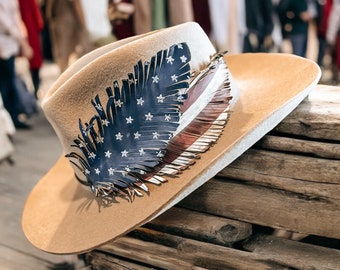 Leather Feather Hat Band, American Flag Feather Band, Hand Painted Leather Feather, Oversized Feather for Hats, Western Hat Accessories