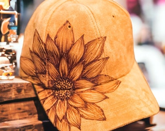 Sunflower Suede Baseball Cap, Women's Hand Burned Hat, Suede Hat, Women’s Accessories, Sunflower Cap, Hand Burned Art