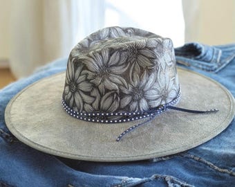 Hand Burned Wide Brim Hat, Blue Cowboy Hat with Sunflowers, Western Sunflower Hat, Faux Suede Cowboy Hat, Cowgirl Hat