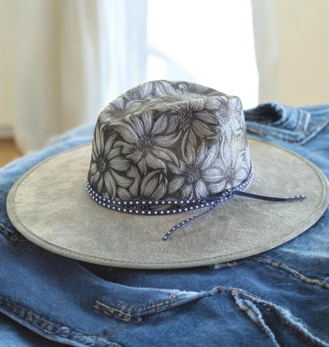 Hand Painted Sunflower Wide Brim Hat Blue Boho Festival Hat Floral sunflower teal suede wide brim cowboy hat  main image 4
