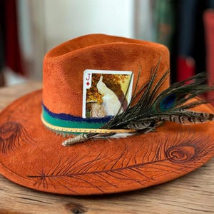 Wide brim fedora Hat with orange feather Burnt Orange Felt Fedora – Hats by Katie main image 2