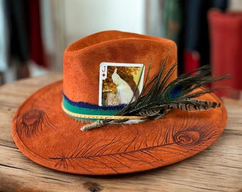 Hand Burned Wide Brim Hat, Blue Cowboy Hat With Sunflowers  display picture 2